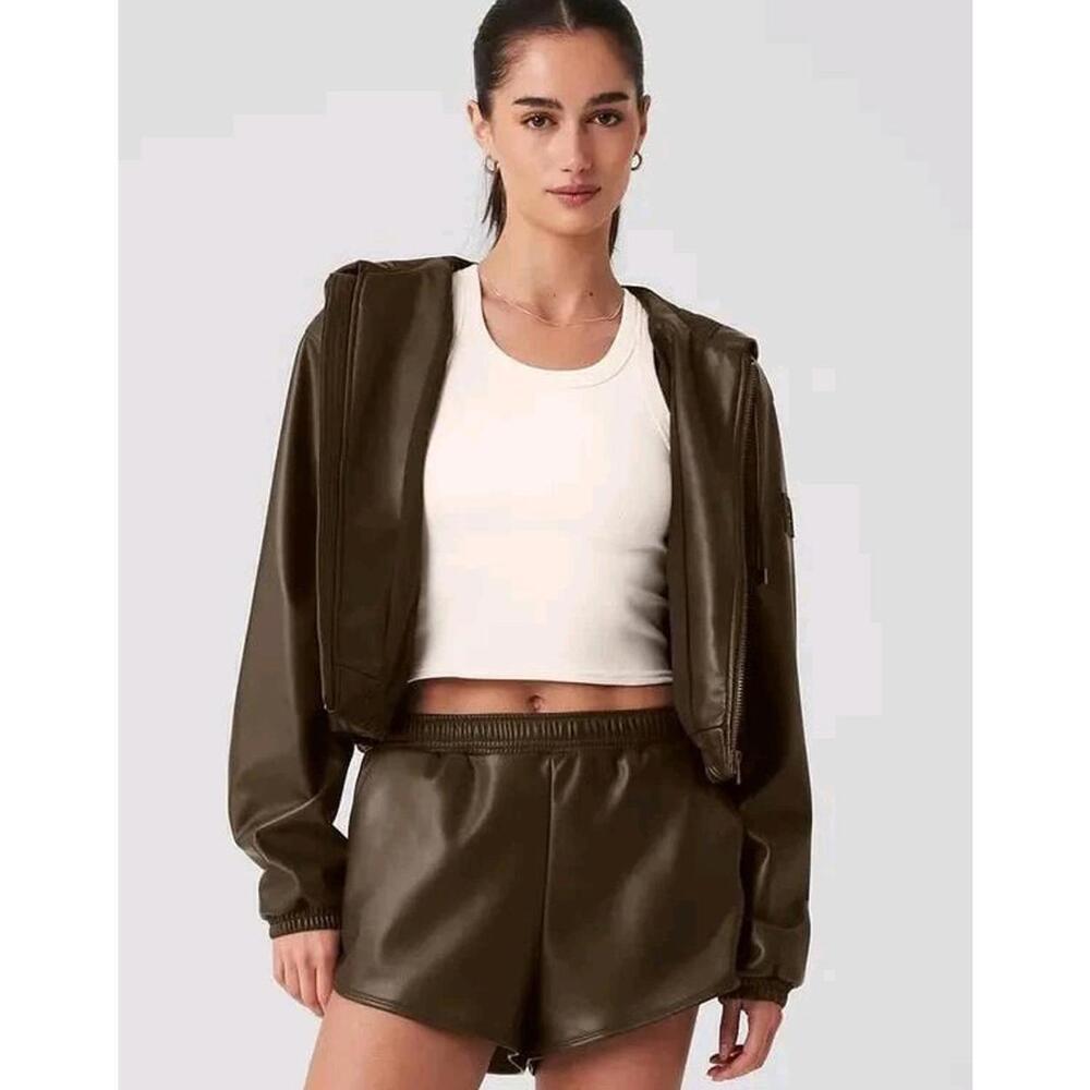Alo Yoga Faux Leather Power Hour Shorts Size Large Brown NWT